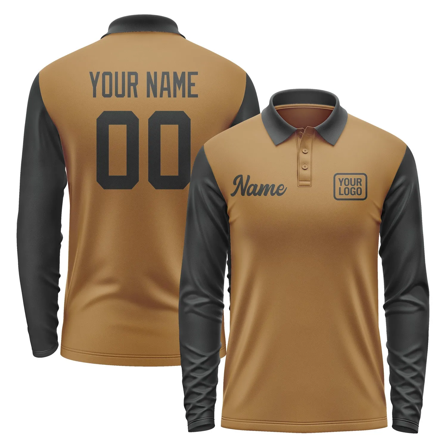 Custom Khaki Black Long Sleeve Polo Shirt sold by Tailorly
