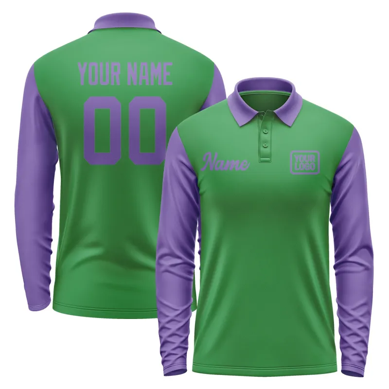 Custom Emerald Green Light Purple Long Sleeve Polo Shirt sold by Tailorly