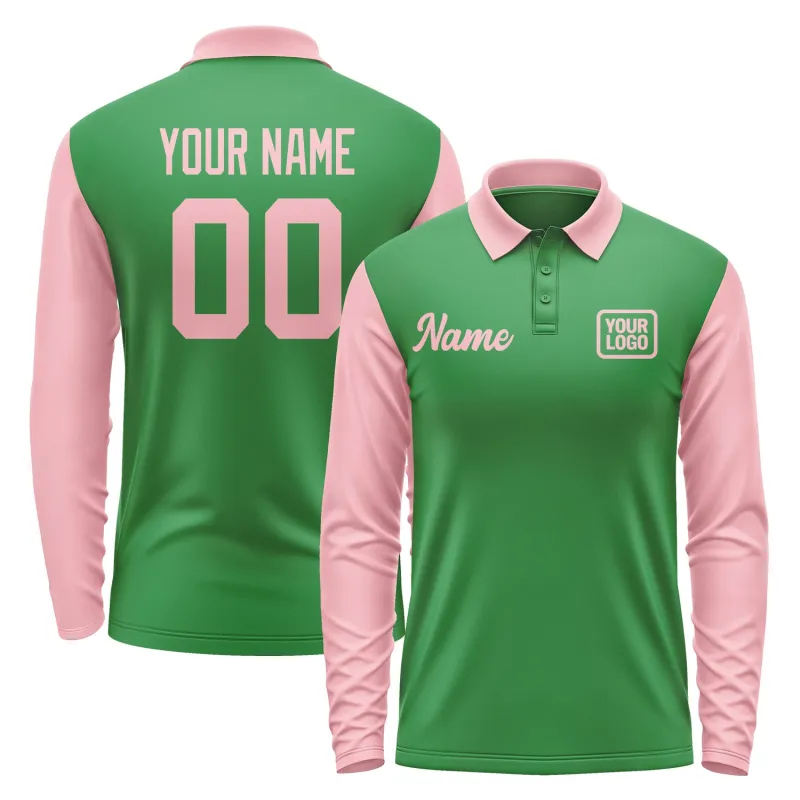 Custom Emerald Green Light Pink Long Sleeve Polo Shirt sold by Tailorly