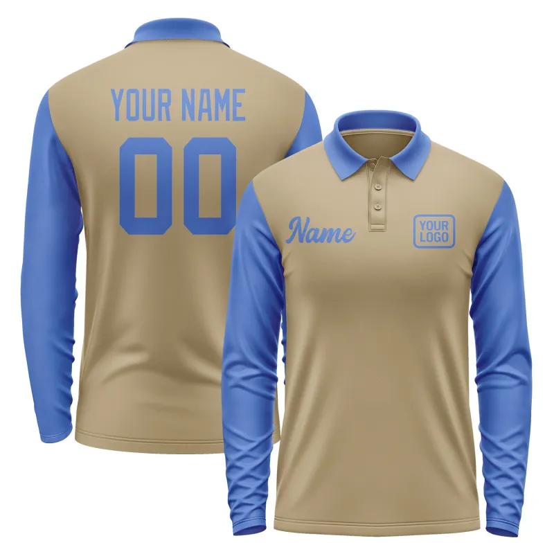 Custom Light Khaki Sky Blue Long Sleeve Polo Shirt sold by Tailorly