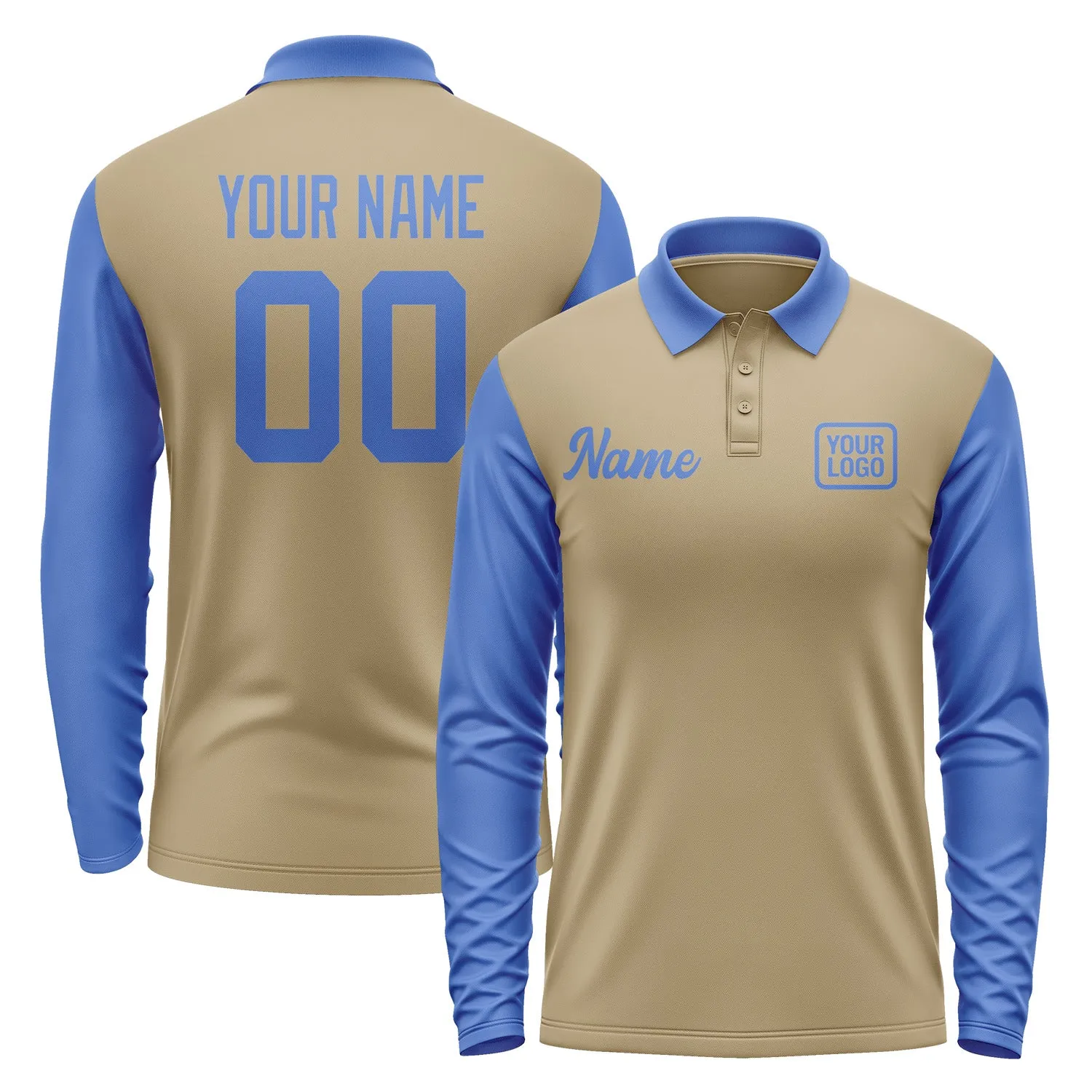 Custom Light Khaki Sky Blue Long Sleeve Polo Shirt sold by Tailorly