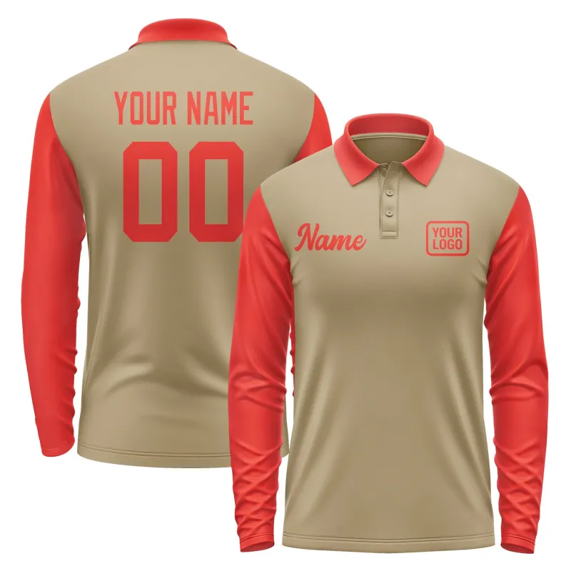 Custom Light Khaki Orange Red Long Sleeve Polo Shirt sold by Tailorly