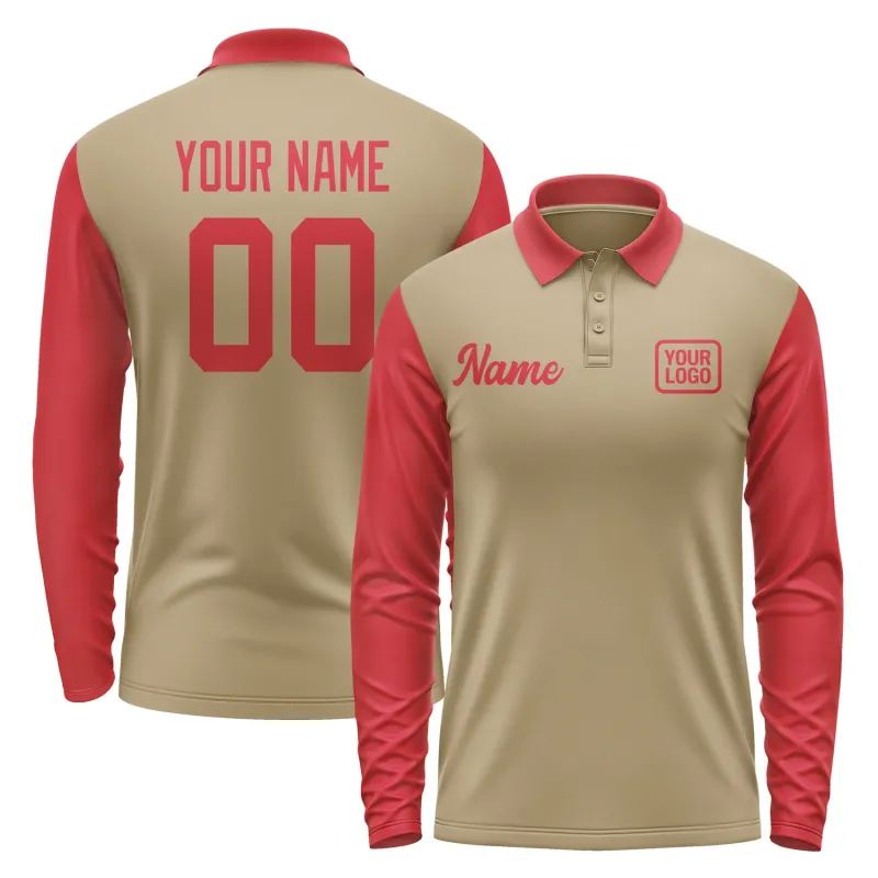 Custom Light Khaki Red Long Sleeve Polo Shirt sold by Tailorly