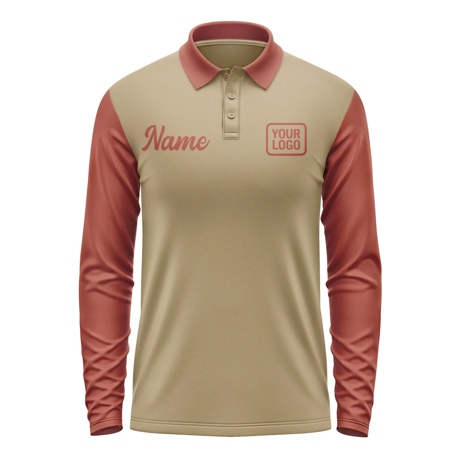 Custom Light Khaki Coral Red Long Sleeve Polo Shirt sold by Tailorly product image thumbnail 2