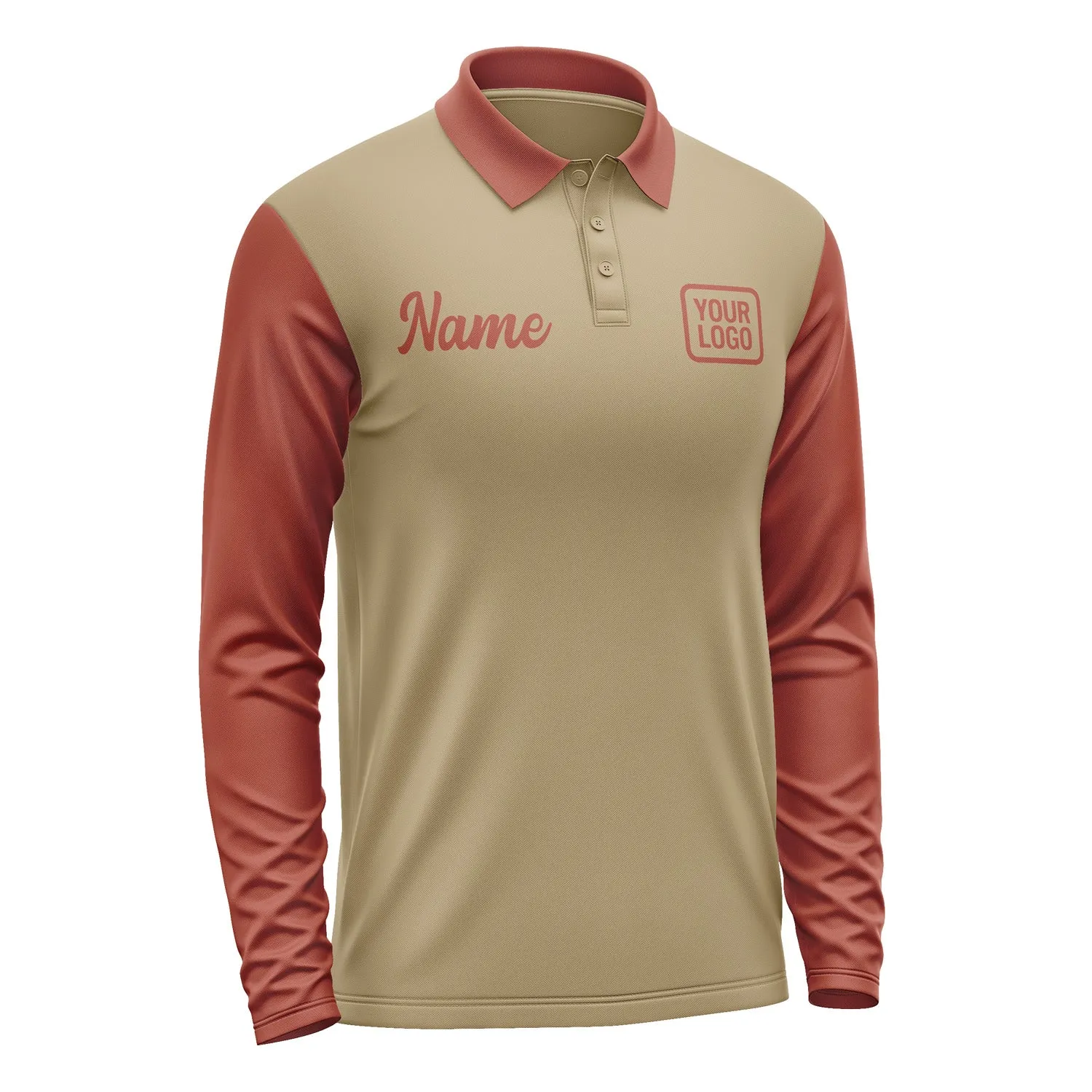 Custom Light Khaki Coral Red Long Sleeve Polo Shirt sold by Tailorly product image thumbnail 4