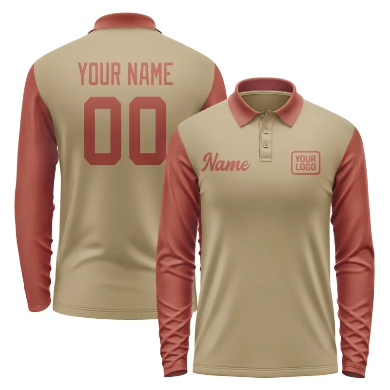 Custom Light Khaki Coral Red Long Sleeve Polo Shirt sold by Tailorly