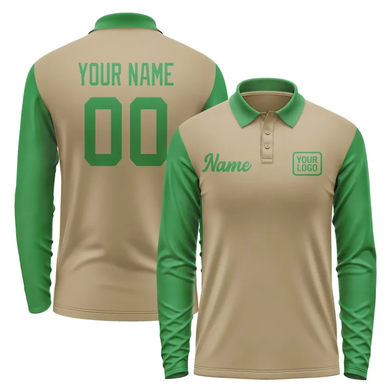 Custom Light Khaki Emerald Green Long Sleeve Polo Shirt sold by Tailorly