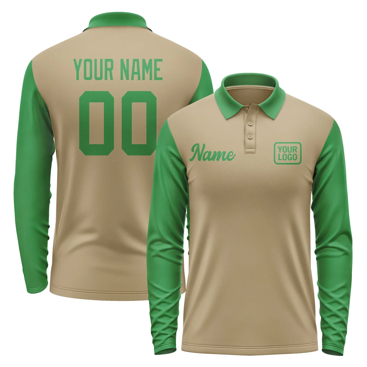 Custom Light Khaki Emerald Green Long Sleeve Polo Shirt sold by Tailorly