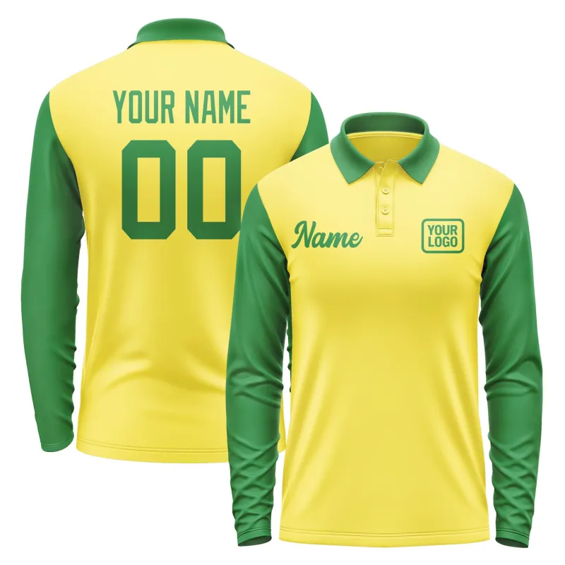Custom Light Yellow Emerald Green Long Sleeve Polo Shirt sold by Tailorly