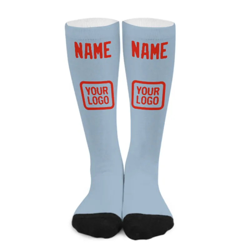 Custom Light Blue Orange Red Knee-High Sock sold by Tailorly