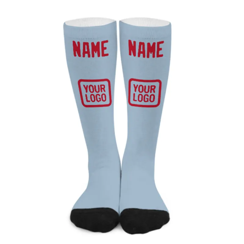 Custom Light Blue Red Knee-High Sock sold by Tailorly