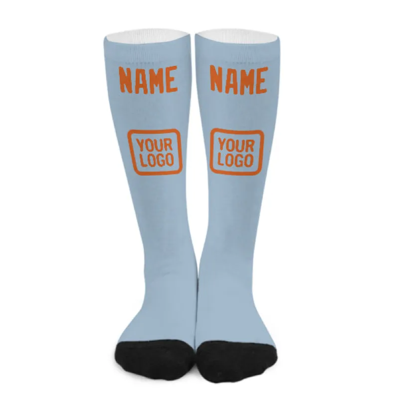 Custom Light Blue Orange Knee-High Sock sold by Tailorly
