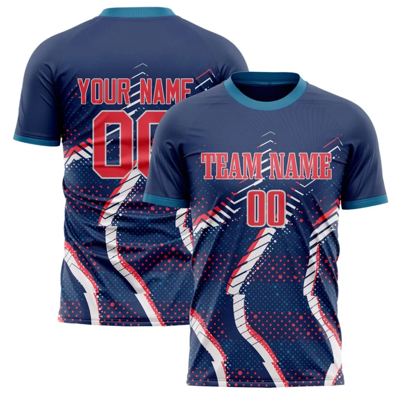 Custom Navy Red Pattern Soccer Jersey made by Tailorly