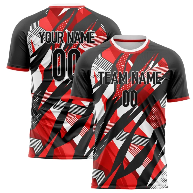 Custom Black Red Pattern Soccer Jersey made by Tailorly