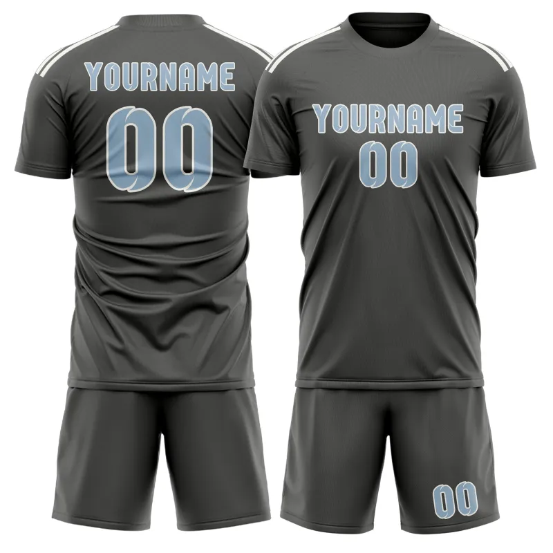 Custom Dark Grey Light Blue Soccer Set made by Tailorly