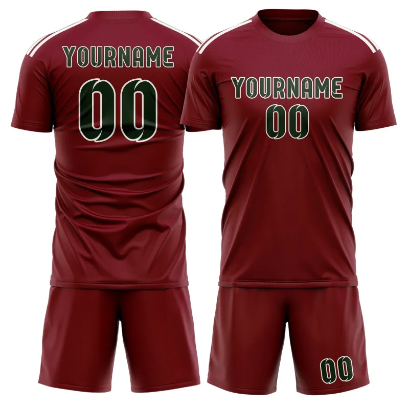 Custom Crimson Red Dark Green Soccer Set made by Tailorly