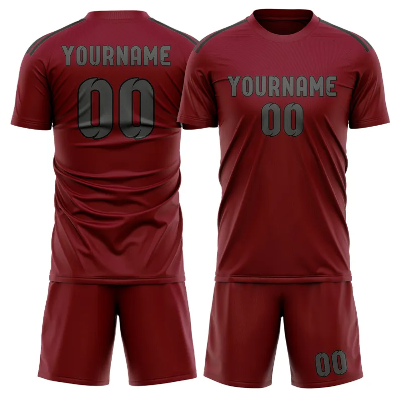 Custom Crimson Red Dark Grey Soccer Set made by Tailorly