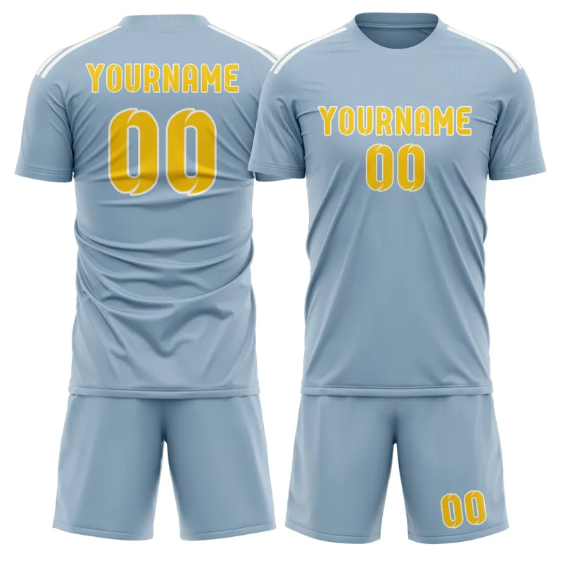 Custom Light Blue Gold Soccer Set made by Tailorly