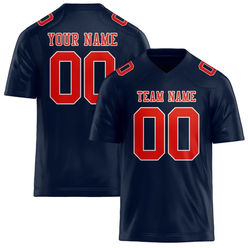 Custom Navy Orange Red Football Jersey made by Tailorly