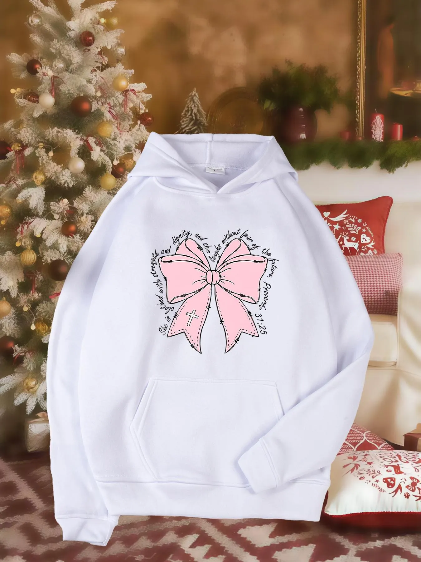 Tailorly Women's Printed Hoodie - Soft Pink Ribbon With Star Outlines On White Bow sold by Tailorly