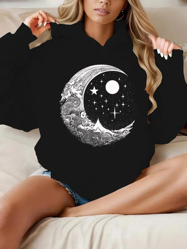 Tailorly Women's Printed Hoodie - Mystical Night Sky With Swirling Clouds Shining Stars And Crescent Moon made by Tailorly