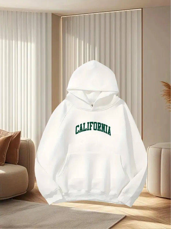 Tailorly Women's Printed Hoodie - California Bold Green Letters Minimalist White Hoodie made by Tailorly