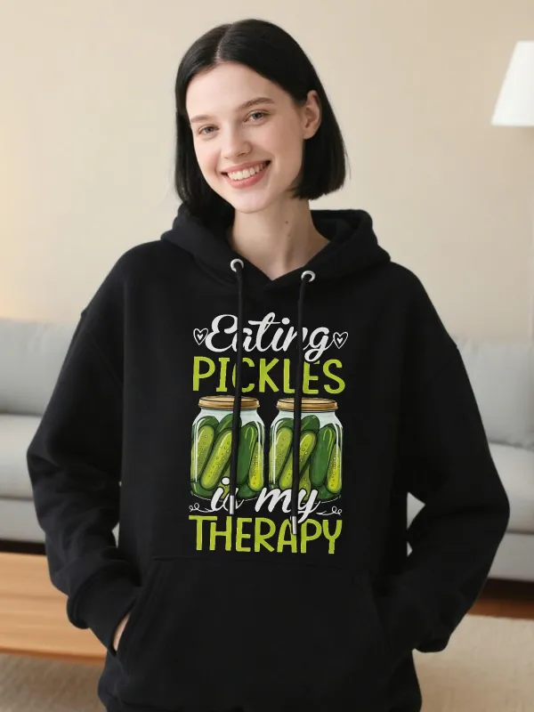 Tailorly Women's Printed Hoodie - Eating Pickles Is My Therapy Four Juicy Green Pickles Under Fresh White Letters Pickle made by Tailorly