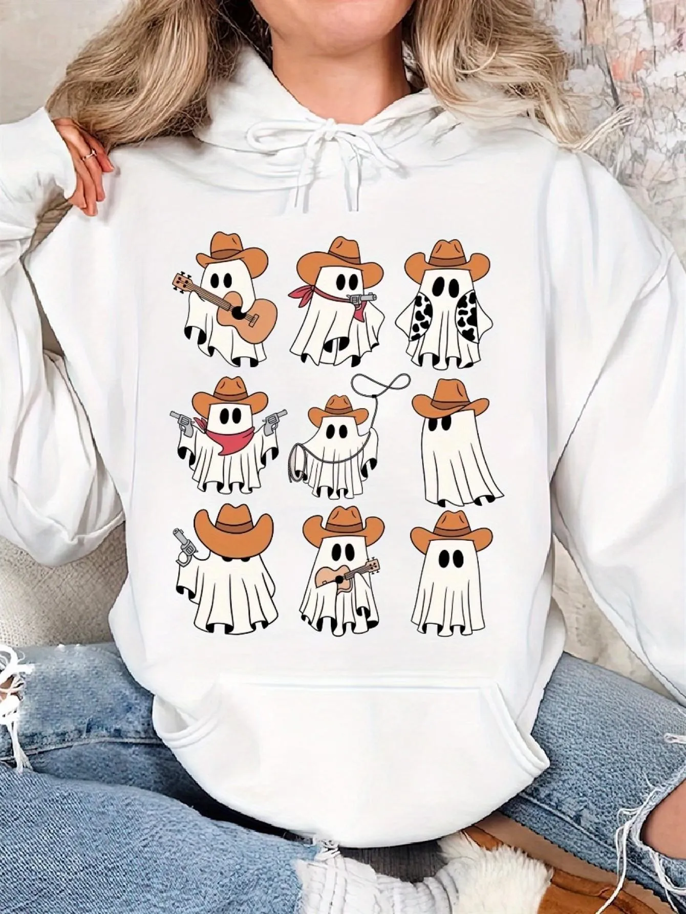Tailorly Women's Printed Hoodie - Cartoon Cowgirls With Country Western Hats Playful Ghosts sold by Tailorly
