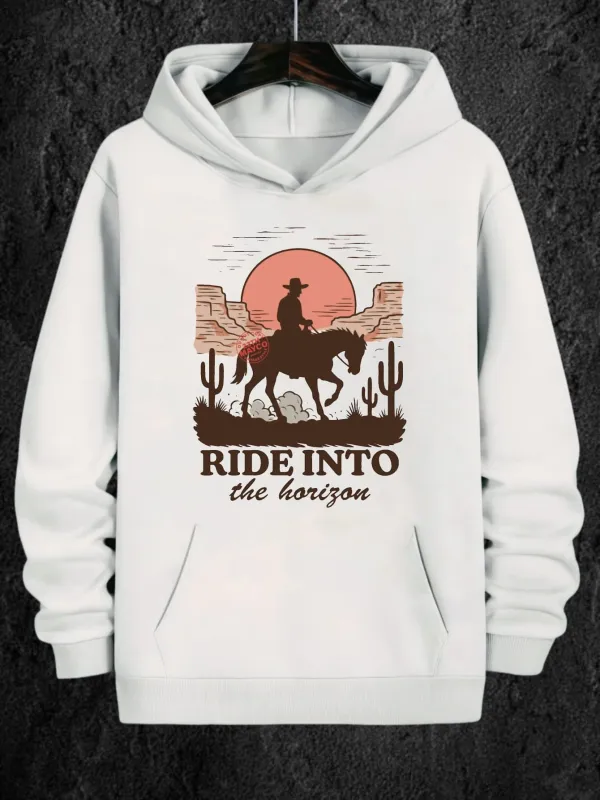 Tailorly Men's Printed Hoodie - Ride Into The Horizon Sunset With Cowboy Silhouette Among Cactus And Mountains Horse made by Tailorly