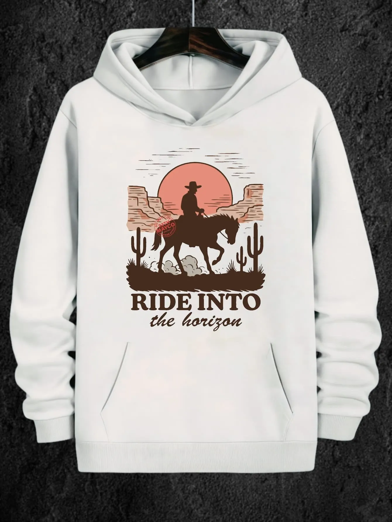Tailorly Men's Printed Hoodie - Ride Into The Horizon Sunset With Cowboy Silhouette Among Cactus And Mountains Horse sold by Tailorly