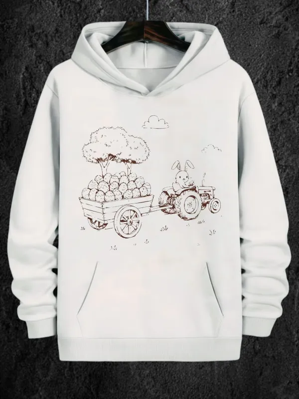 Tailorly Men's Printed Hoodie - Rustic Landscape With Tree Clouds Rolling Farmland And Classic Tractor made by Tailorly