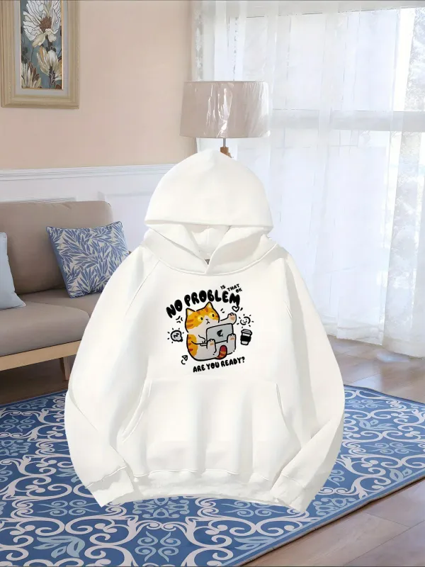 Tailorly Women's Printed Hoodie - No Problem Funny Cat Relaxing On Couch With Drinks And Decorative Plant made by Tailorly