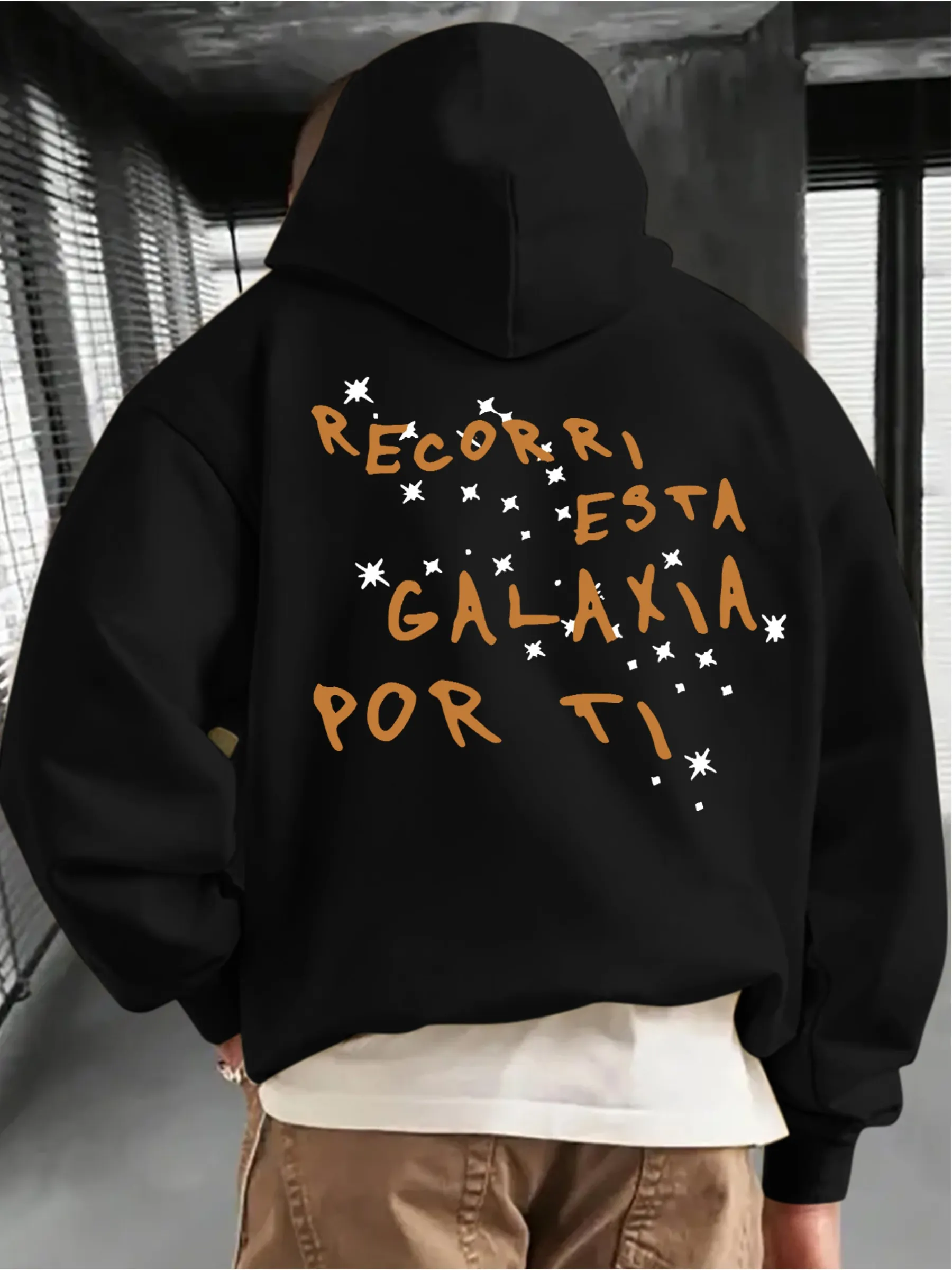 Tailorly Men's Printed Hoodie - Scattered Orange Lettering With Doodle White Stars Across Black Hoodie sold by Tailorly