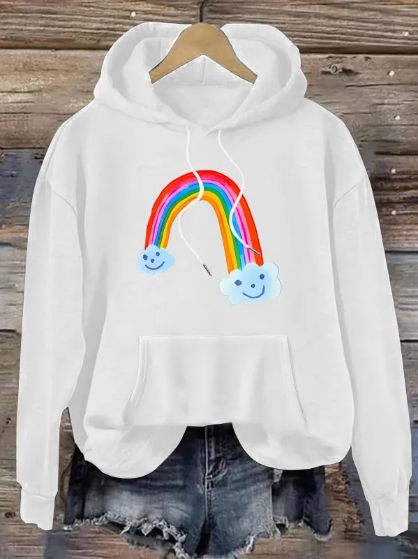 Tailorly Women's Printed Hoodie - Smiling Clouds With Rainbow Overplay On White Hoodie made by Tailorly