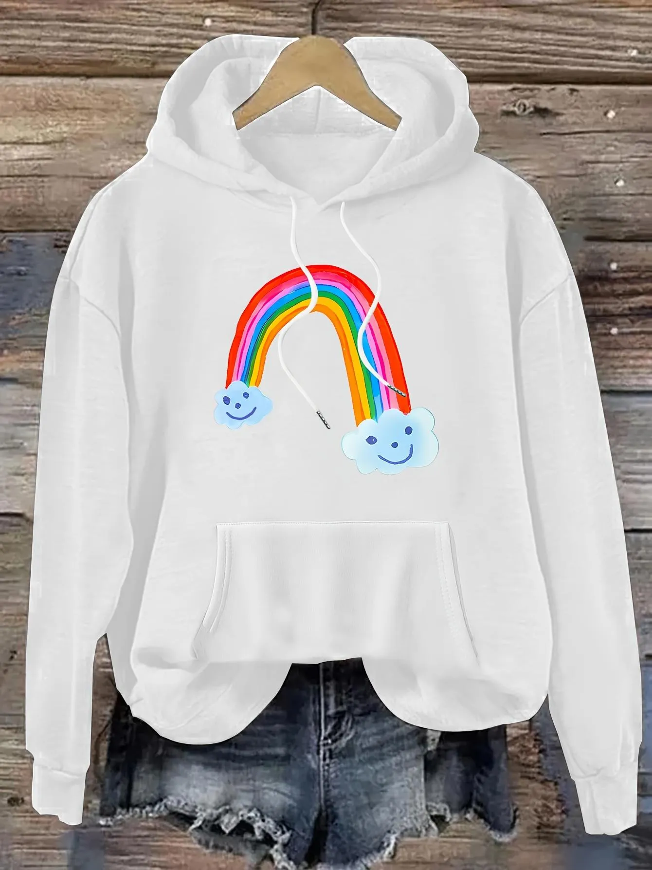Tailorly Women's Printed Hoodie - Smiling Clouds With Rainbow Overplay On White Hoodie sold by Tailorly