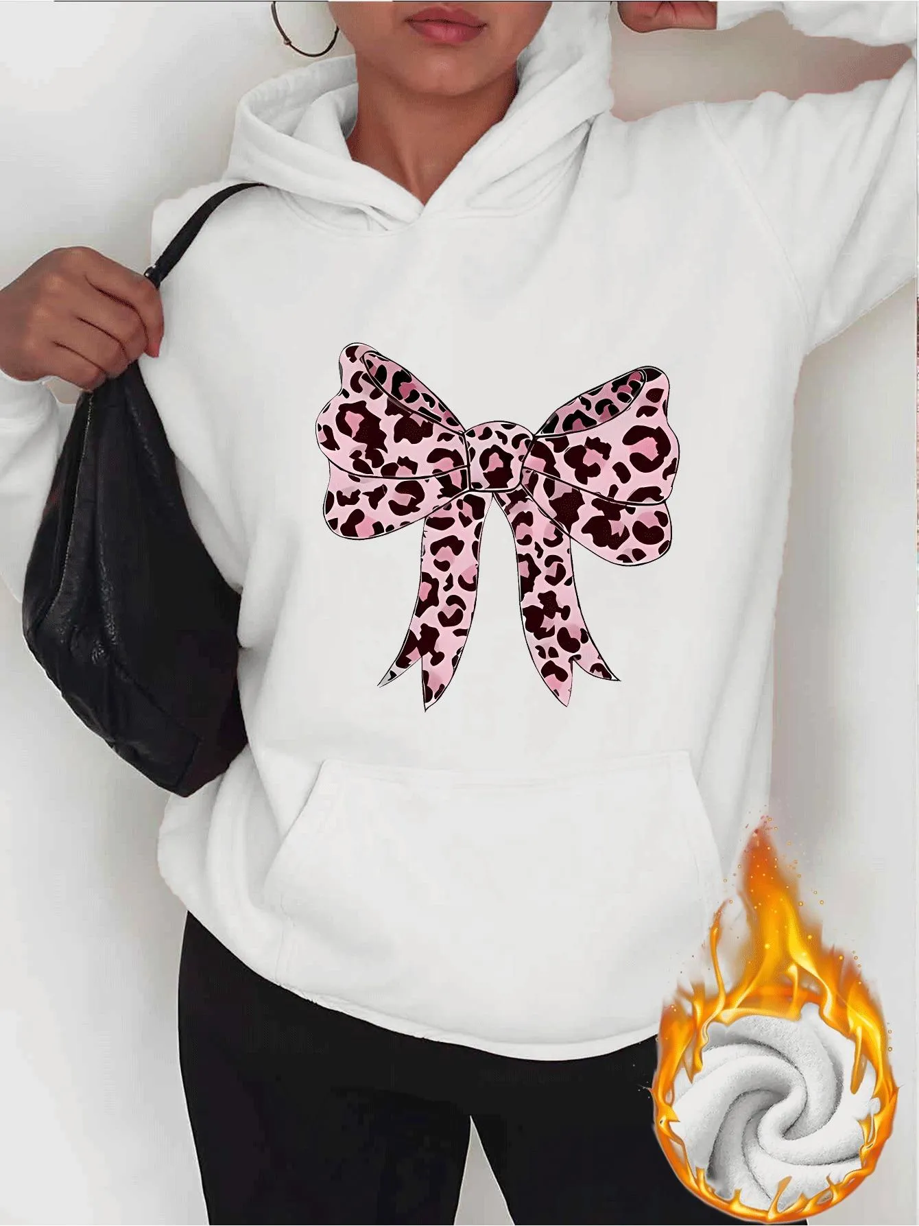 Tailorly Women's Printed Hoodie - Leopard Print Patterned Pink Ribbon With Soft Shadow Bow sold by Tailorly