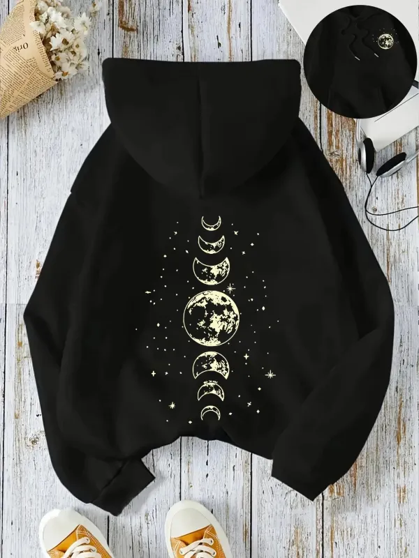 Tailorly Women's Printed Hoodie - Celestial Phases With Shimmering Stars And Glowing Moon Pattern made by Tailorly