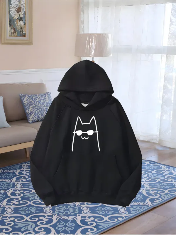 Tailorly Women's Printed Hoodie - Minimalist Line Drawing With Cool Sunglasses Wearing Cat made by Tailorly