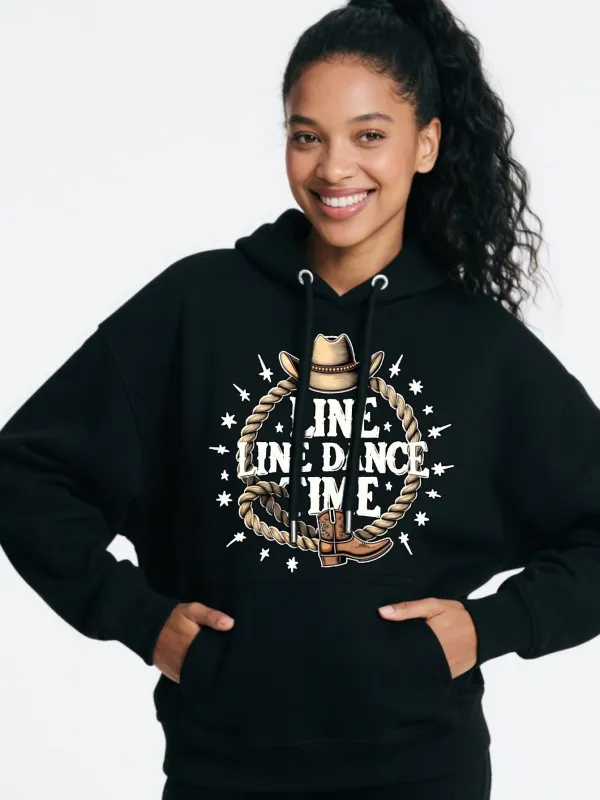 Tailorly Women's Printed Hoodie - Rope Hat Boots With Western Stars Surrounding Line Dance Time made by Tailorly