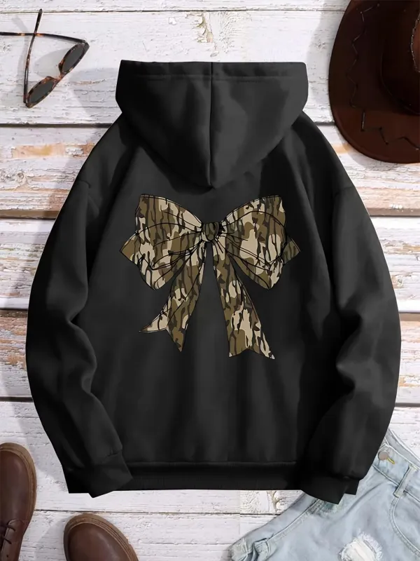 Tailorly Women's Printed Hoodie - Camo Patterned Ribbon With Flowing Tails Over Plain Fabric Bow made by Tailorly