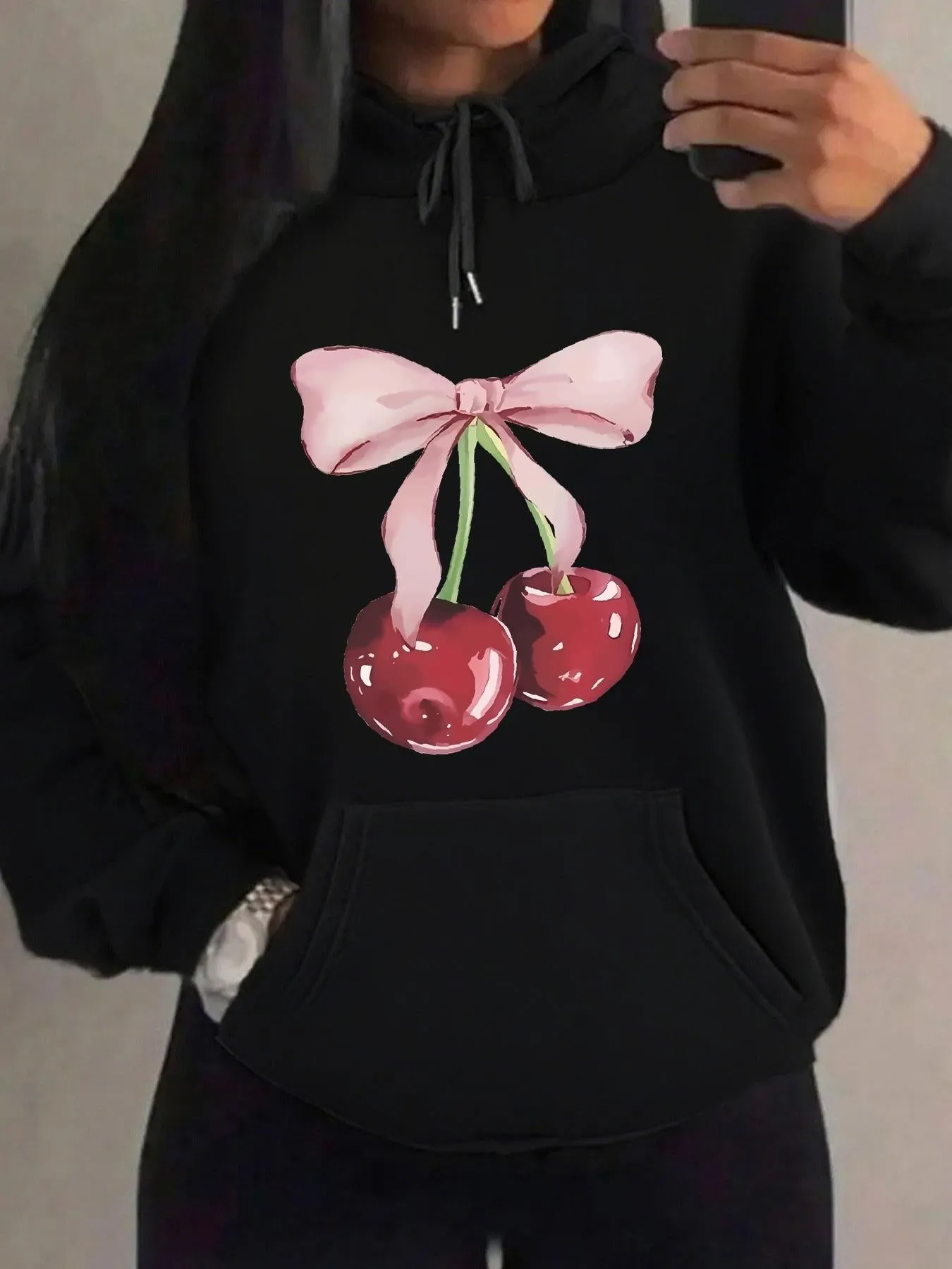 Tailorly Women's Printed Hoodie - Glossy Red Cherries With Pink Ribbon Hanging On Black Hoodie Cherry sold by Tailorly