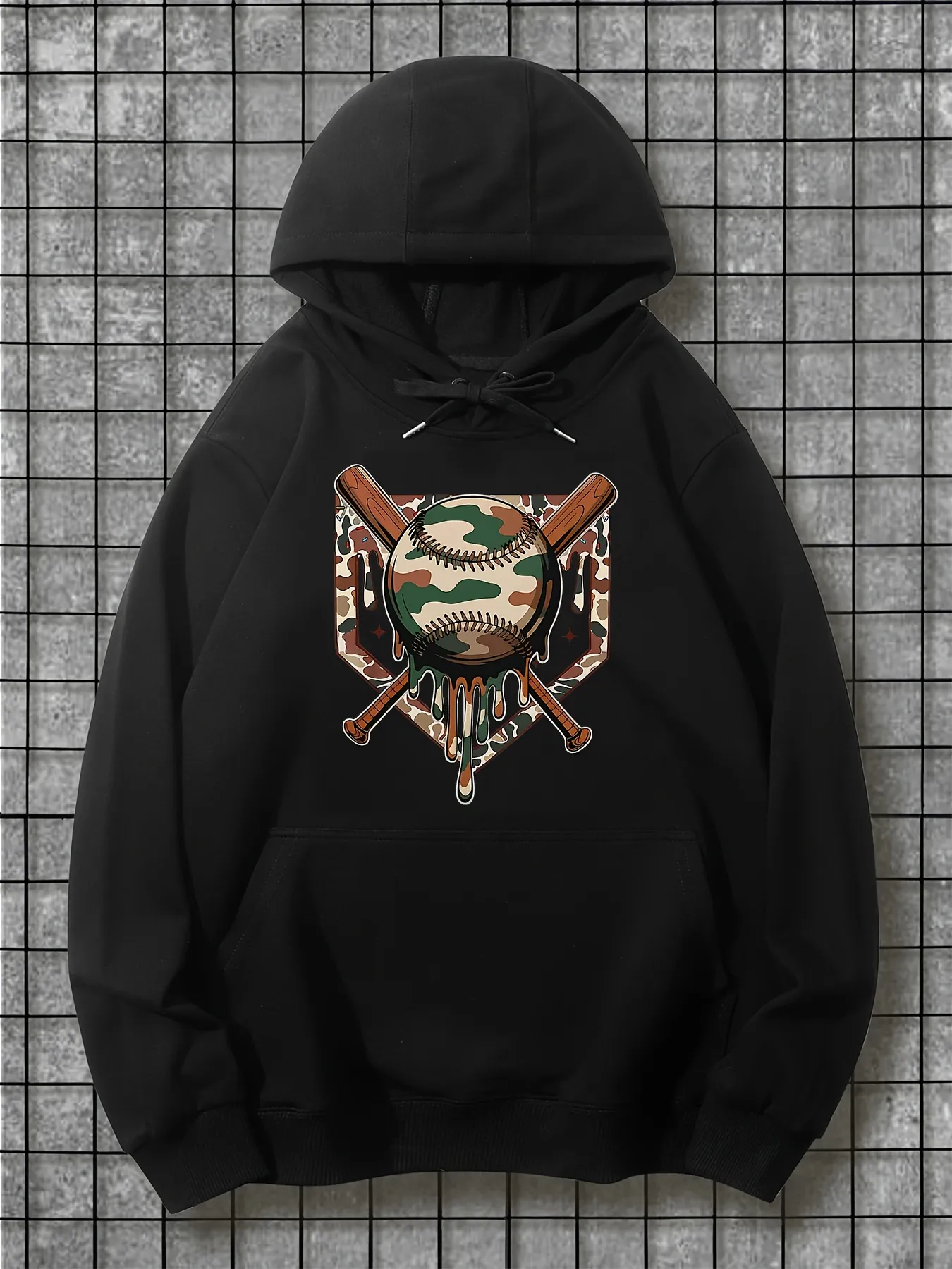 Tailorly Men's Printed Hoodie - Camo Patterned Baseball Mask With Wooden Bats Over Shadowed Skull sold by Tailorly