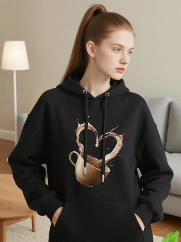 Tailorly Women's Printed Hoodie - Coffee Splash Forming A Heart Above Ceramic Mug made by Tailorly