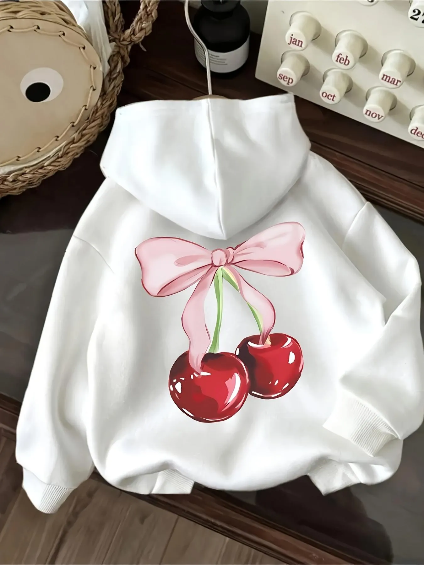 Tailorly Women's Printed Hoodie - Glossy Twin Cherries Hanging Under A Pink Ribbon Bow Cherry sold by Tailorly