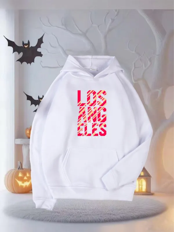 Tailorly Women's Printed Hoodie - Los Angeles Bold Modern Lettering With Diagonal Red Striped Pattern Hoodie made by Tailorly