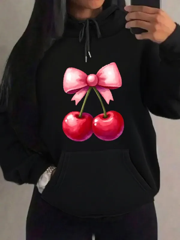 Tailorly Women's Printed Hoodie - Pink Ribbon With Glossy Red Juicy Cherries Fruit Design Cherry made by Tailorly