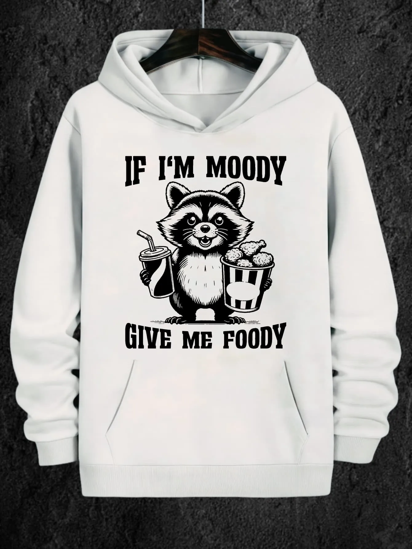 Tailorly Men's Printed Hoodie - If Im Moody Hungry Raccoon Holding Food Surrounded By Snacks Hoodie sold by Tailorly