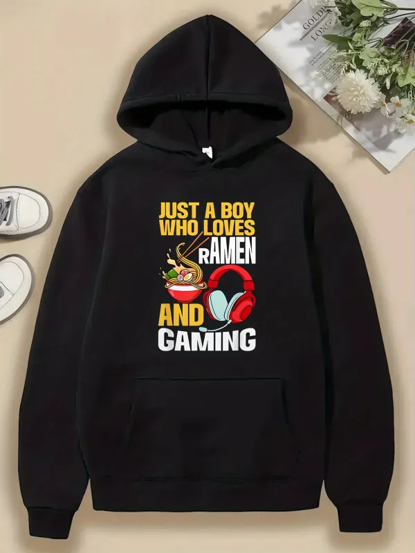 Tailorly Men's Printed Hoodie - Just A Boy Who Loves Ramen And Gaming With Headphones And Steaming Noodles Bowl made by Tailorly