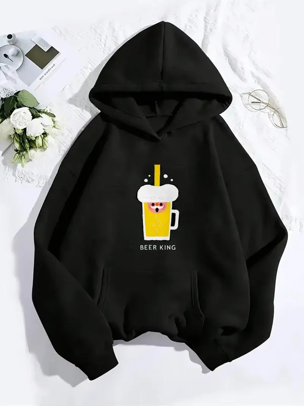 Tailorly Women's Printed Hoodie - Beer King Cartoon Drink With Funny Bubbles And Happy Mug made by Tailorly