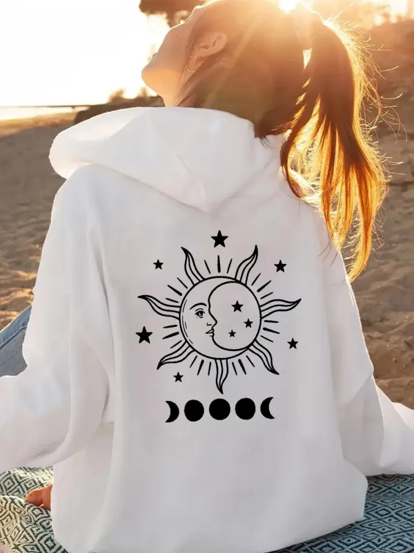 Tailorly Women's Printed Hoodie - Celestial Eclipse Surrounded By Stars Sun Rays And Phases Moon made by Tailorly